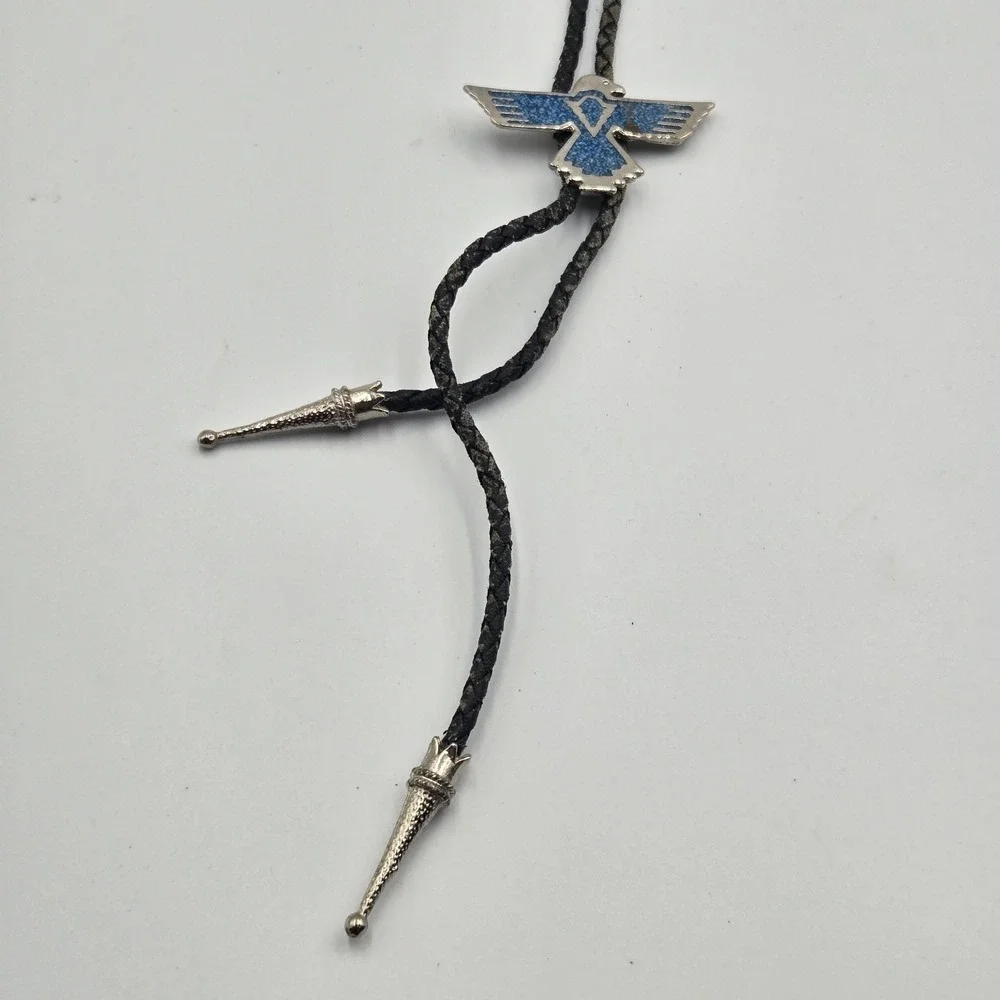 vintage Bolo‎ Western Tie Eagle W/ Crushed Turquoise Inlay Leather Braid Cord